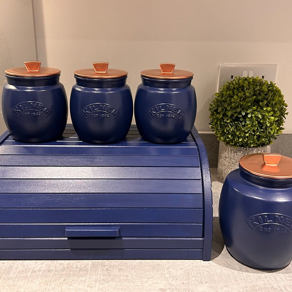 Navy Blue Tea Coffee Sugar Canisters set with optional Biscuit/cookie Jar Bread Bin Box - up to 5 piece Kitchen Storage  Containers sets