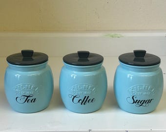 Tea Coffee Sugar Set Canisters, Teal Blue Kitchen Decor, Personalised Gift, Cottagecore Kitchen Accessories, New Home Gifts for Her