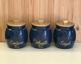 Tea Coffee Sugar Kilner Jars, Hand-Painted Navy Blue Kitchen Canisters, Home Decor, Kitchen Organiser, Unique Gifts For Her