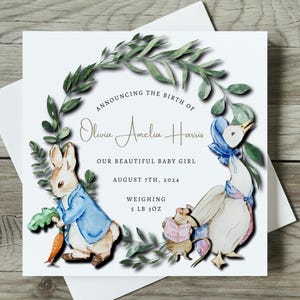 Biglietto d'auguri personalizzato con effetto 3D Peter Rabbit Neonato Presentazione della nascita Personalizzabile con nome del bambino, data di nascita e peso
