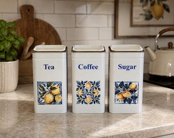 Tea Coffee Sugar Tin Canister Set, White Kitchen Storage Canisters, Lemon Kitchen Decor, Farmhouse  Housewarming Gift