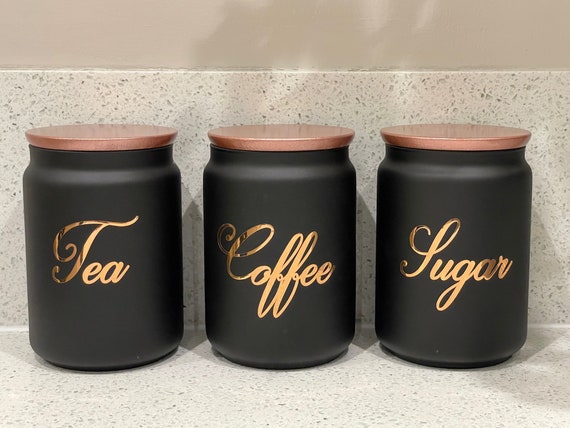 Black Tea Coffee Sugar Canister Sets Kitchen Storage Choice of Lid