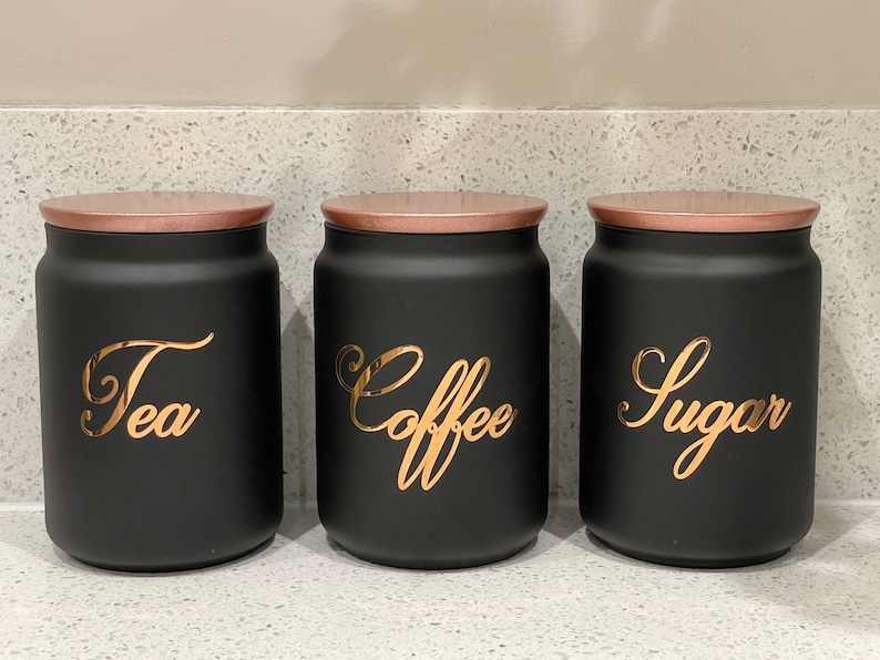 Black Tea Coffee Sugar Canister Sets Kitchen Storage Choice Of Lid Colour And Wording 