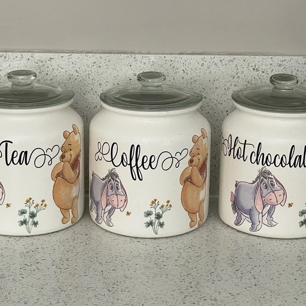 Tea Coffee Sugar Canisters Set Of 3 Winnie Pooh And Friends  Storage Jars Choice Of Wording