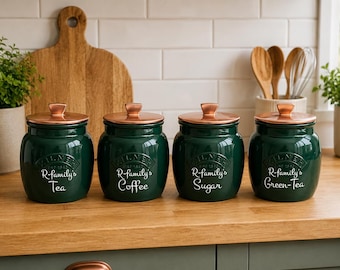 Personalised Dark Green Tea Coffee Sugar Canisters 0.85L Kitchen Storage Set Custom Name Canisters  Jars Housewarming Gift  Decor