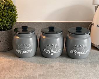 Grey Tea Coffee Sugar Canisters Kitchen Storage Containers Personalised Options Available