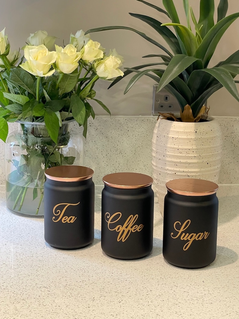 Black Tea Coffee Sugar Canisters Kitchen Storage Containers Etsy UK