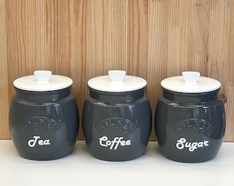 Kitchen Canister Set, Personalised Dark Grey Tea Coffee Sugar Set, Custom Storage Canisters, House Warming Gifts, Decor