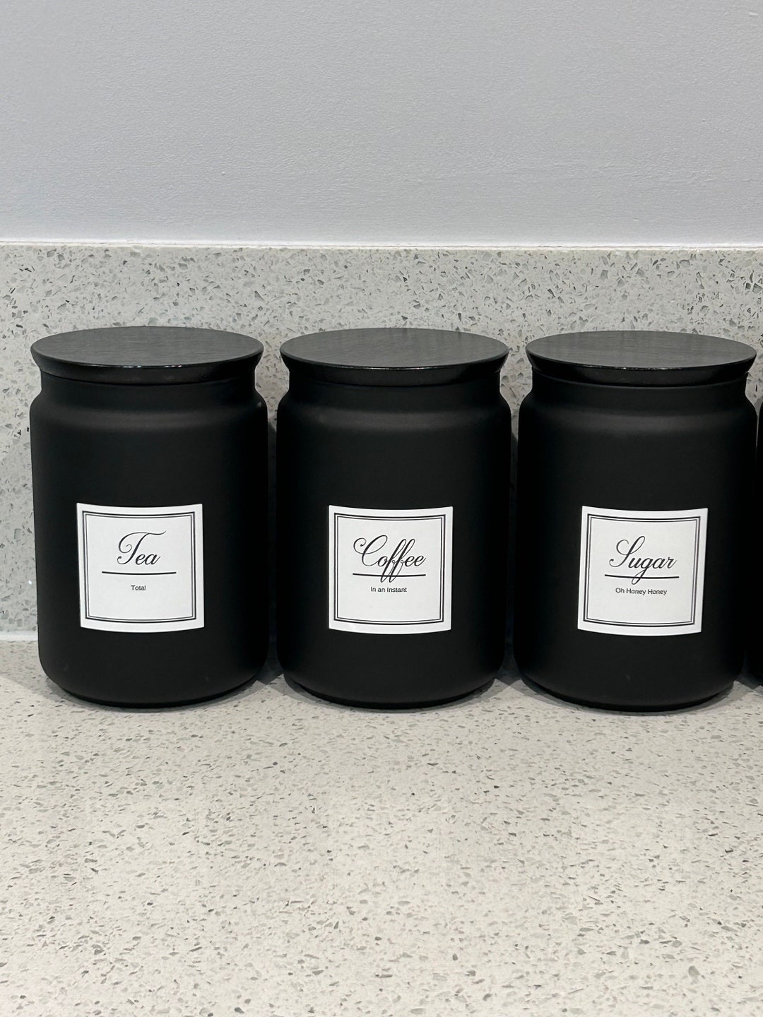 Black Tea Coffee Sugar Labeled Canisters Set Kitchen Storage Jars Etsy