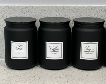 Black Tea coffee Sugar Labeled Canisters Set Kitchen storage Jars