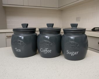 Dark Grey Tea Coffee Sugar Canister Set Choice of lIds Wording Kitchen storage