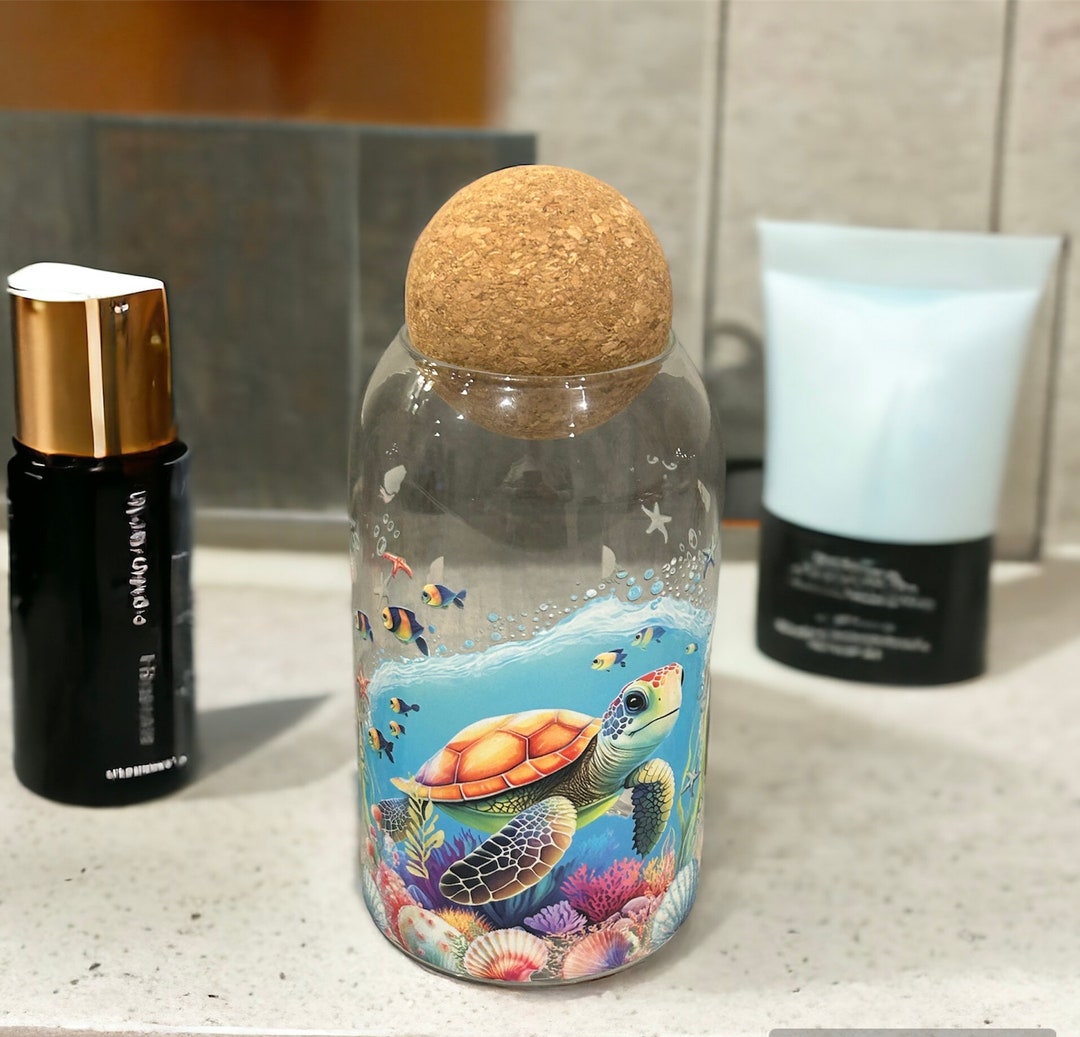 Turtle Glass Bathroom Storage Jar With Cork Lid Under the Sea Coastal ...