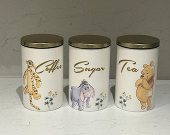 Winnie the Pooh Kitchen Canisters: Tea, Coffee, Sugar Jars 1 Litre Glass Containers with Gold Lids