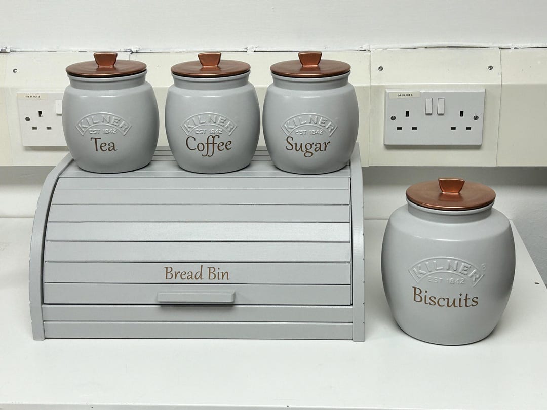 Light Grey Kitchen Canister Set: Tea, Coffee, Sugar Jars Bread