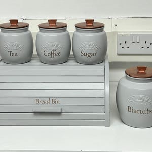 Light Grey Kitchen Canister Set: Tea, Coffee, Sugar Jars & Bread Bin