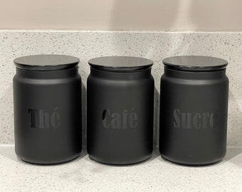 Black Tea Coffee Sugar Kitchen Storage Canister Sets shown with French Wording  Black Lids And Wording Of Your Choice