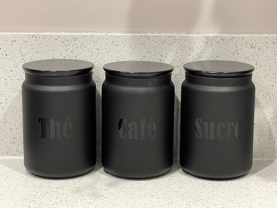 Black Tea Coffee Sugar Kitchen Storage Canister Sets Shown With