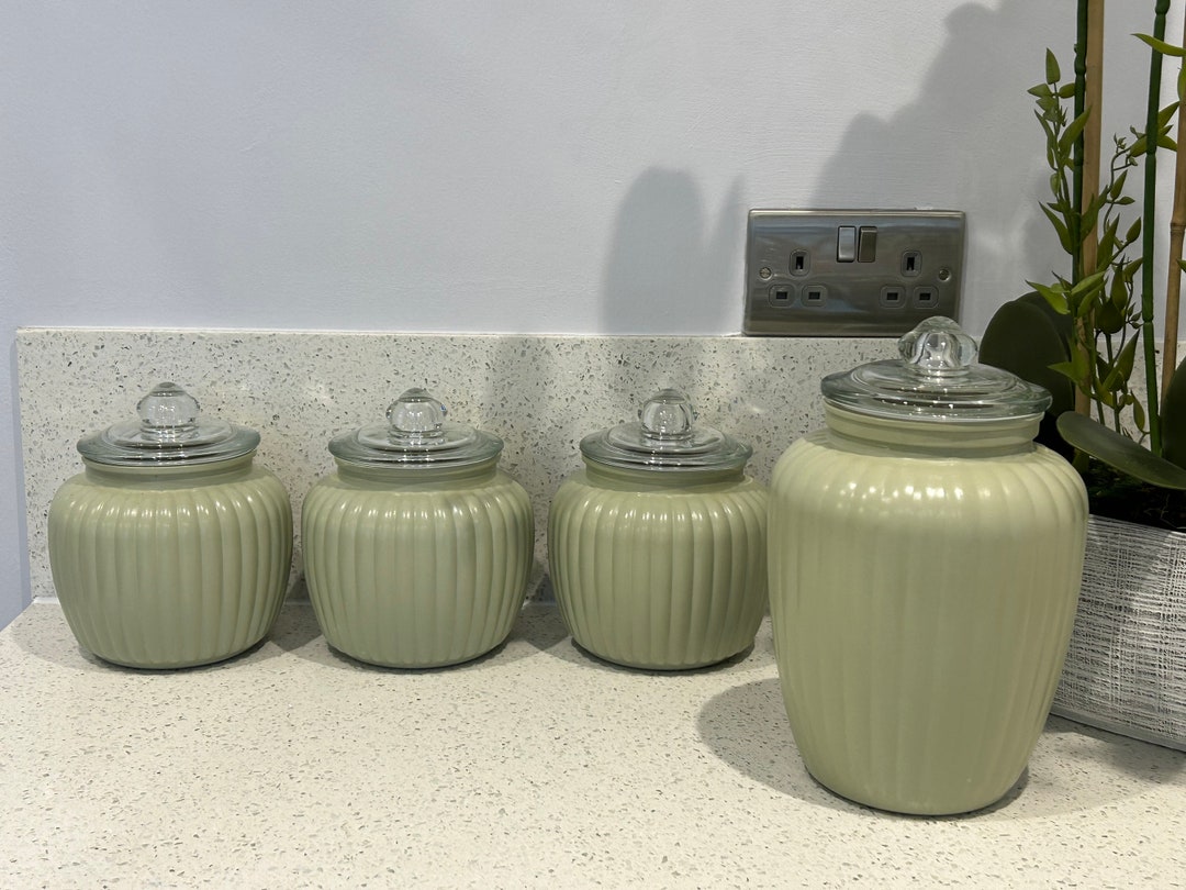 Elegant Sage Green Ribbed Canisters, Farmhouse Kitchen Storage