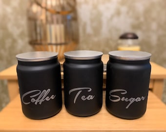 紅茶、コーヒー、砂糖のキャニスター：蓋とフォントをカスタマイズできるキッチンキャニスター食品保存容器
