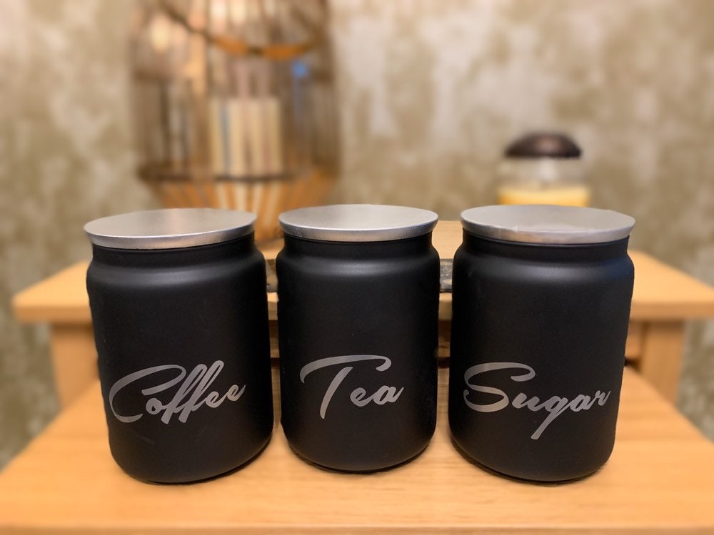 Black Set of 3 Tea Coffee Sugar Canister Choice of Wording Etsy UK