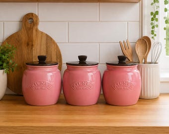 Set of 3 classic Macaroon soft mid-pink Tea Coffee Sugar Kitchen canisters 0.85 litre Glass Jars