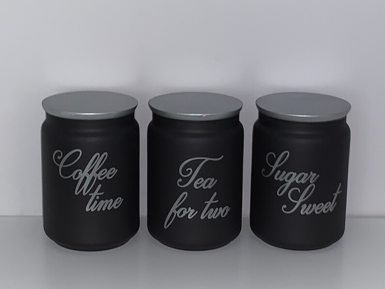 Black Set of 3 Tea Coffee Sugar Canister Choice of Wording Etsy UK