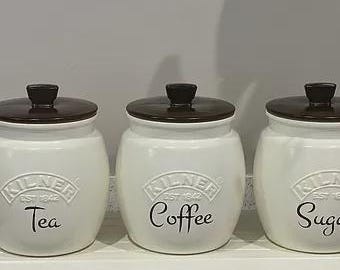 Tea Coffee Sugar Canisters Set, Cream Kitchen Storage Jars, Unique Decor, New Home Gifts, Wedding Gift, Gift For Her