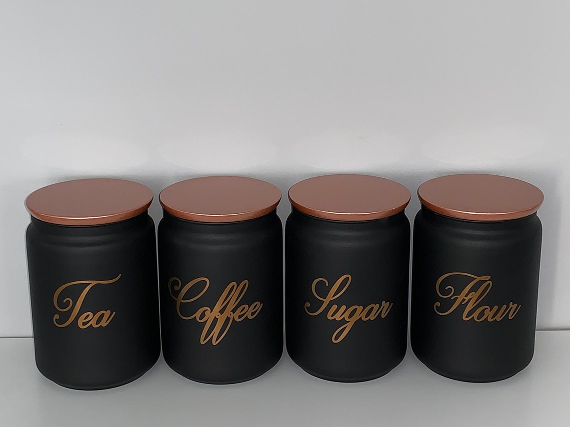 Tea Coffee Sugar Kitchen Storage Canister Set Of Black Rose Etsy