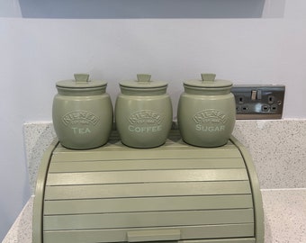 Sage Green Tea Coffee Sugar Canisters Set with optional Bread bin Kitchen storage Container Set