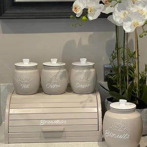 Juego de tarros de té Kilner, tarro de café beige, azucarero, tarros de almacenamiento color topo, tarros personalizados, regalo de decoración para el hogar