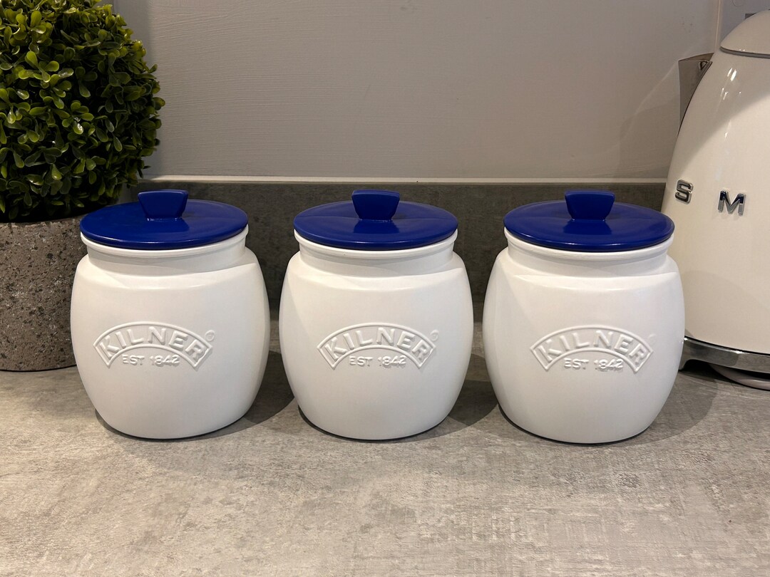 White Tea Coffee Sugar Canisters With Blue Lids Kitchen Etsy