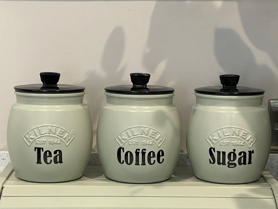 Black Tea Coffee Sugar Canister Sets Kitchen Storage Choice of Lid Colour  and Wording 