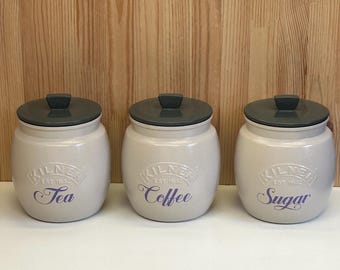 Kitchen Canister Set, Beige Tea Coffee Sugar Kitchen Jars, Pantry Storage Containers, Modern Countertop Decor