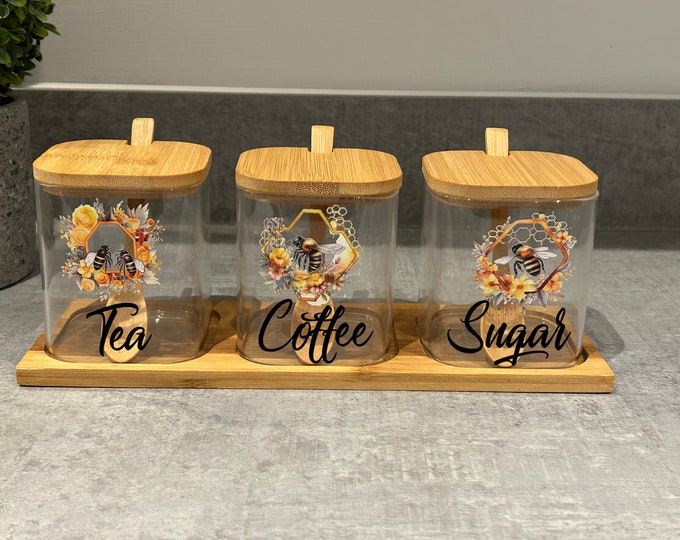 Tea Coffee Sugar Jars - with Bamboo Lid, Spoon,Handmade ,Bee Theme Canister Set Customisable Kitchen Decor"