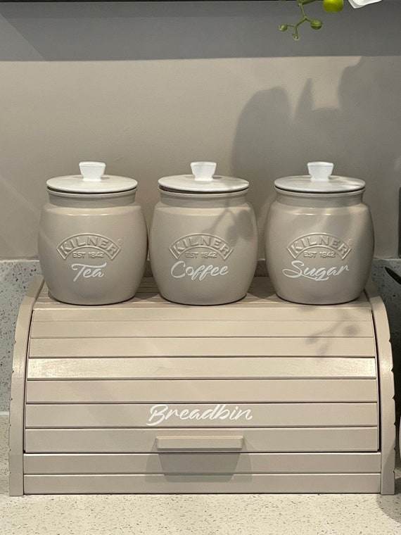 Light Grey Tea Coffee Sugar Biscuit Barrel / Cookie Jar and Wooden Bread  Bin Box Kitchen Storage Container 