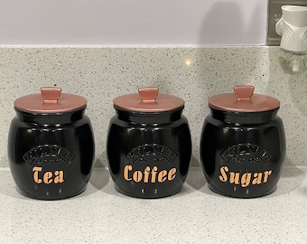 Té Café Azúcar Negro Brillo Frascos Contenedores Botes Despensa Cocina Almacenamiento