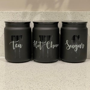 Black Tea Coffee Sugar Canisters Kitchen Storage Container  With Black Initial And Wording Kitchen pantry storage jars