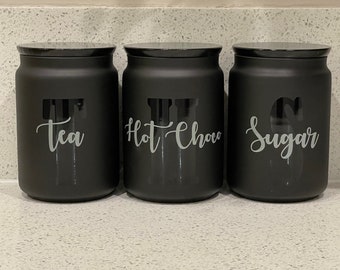 Black Tea Coffee Sugar Canisters Kitchen Storage Contanier With Black Initial And Wording