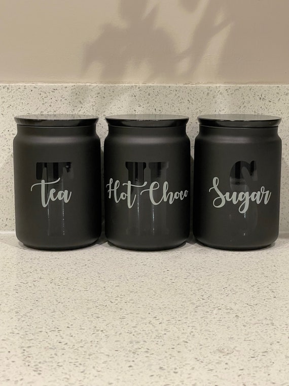 Containers Black Tea Coffee Sugar Set REGENT BLACK RIBBED SQUARE