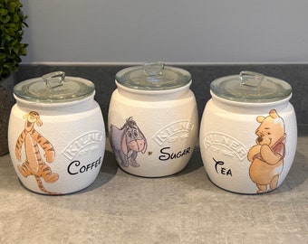 Tea Coffee Sugar Canisters Set Of 3-4 Winnie Pooh And Friends  Storage Jars with Optional Bread bin Choice Of Own Wording