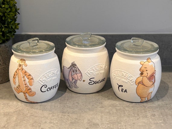 Winnie Pooh tea coffee sugar jars, hand painted  storage set,  pantry jars, personalised items, house warming gifts