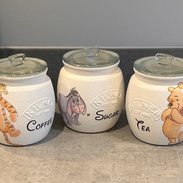 Tea Coffee Sugar Canisters Set Of 3-4 Winnie Pooh And Friends  Storage Jars with Optional Bread bin Choice Of Own Wording