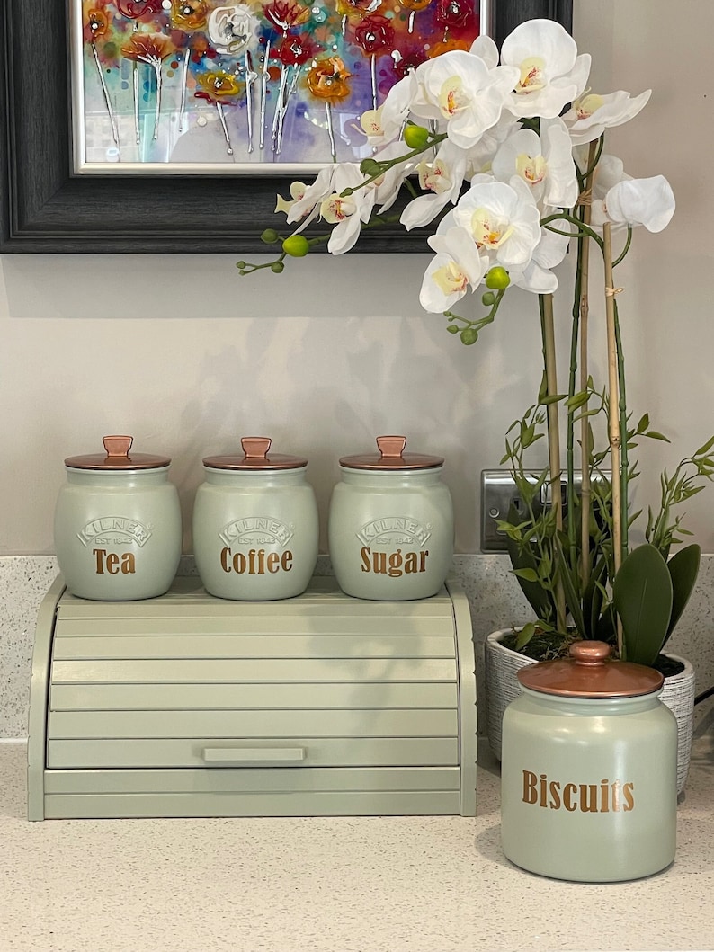 Sage Green Tea Coffee Sugar Canisters  Biscuit / Cookie Jar  and Bread Bin Box Kitchen Storage Container 