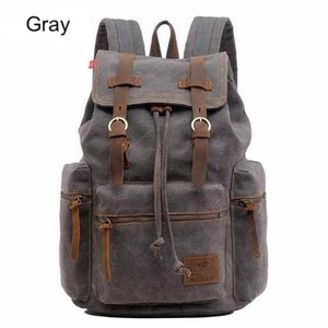 Canvas Vintage Backpack Leather Trim Casual Bookbag Men Women Laptop Travel Rucksack