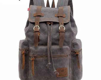 Canvas Vintage Backpack Leather Trim Casual Bookbag Men Women Laptop Travel Rucksack