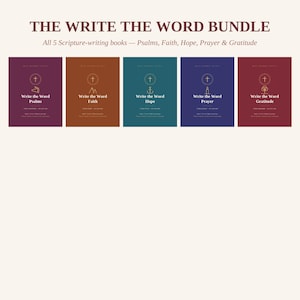 May include: A bundle of five scripture-writing books titled THE WRITE THE WORD BUNDLE. The books are purple, brown, teal, blue, and red, each featuring a cross icon, a unique symbol, and the text Write the Word followed by Psalms, Faith, Hope, Prayer, or Gratitude.