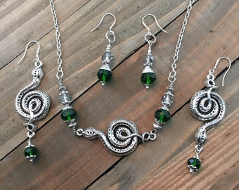 Silver Snake Necklace, Silver Snake Earring Set