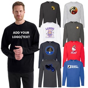 May include: Selection of long-sleeved shirts in diverse colours, each with distinct graphics. Includes a black shirt with "ADD YOUR LOGO/TEXT", a white shirt with a cartoon character, and a red shirt with a cartoon cat.