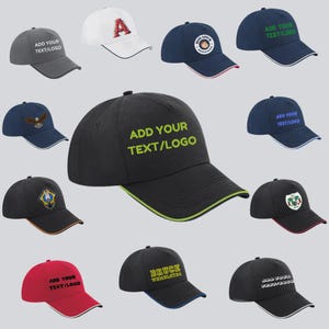May include: A selection of baseball caps in diverse colours, such as grey, white, navy, black, and red. Some caps display text like "ADD YOUR TEXT/LOGO" or other logos. Each cap has a curved peak and an adjustable strap.