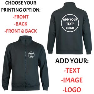 May include: Two black zip-up jackets with the text "ADD YOUR TEXT/LOGO" in a white circle. The image also includes the text "CHOOSE YOUR PRINTING OPTION: -FRONT -BACK -FRONT & BACK" and "ADD YOUR: -TEXT -IMAGE -LOGO".